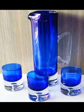 Krosno Poland Cobalt Blue Whiskey Set....Jug & 3 Glasses....